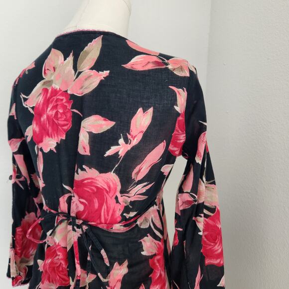 Y2K Magazine Black Pink Rose Print Wrap Tie Back Feminine Fairy Blouse Top S - Picture 7 of 10